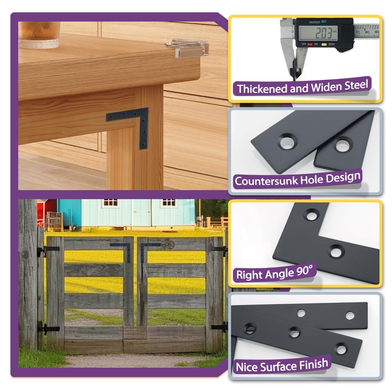 Alise Flat L Brackets for Wood,Black Flat Corner Brace Corner