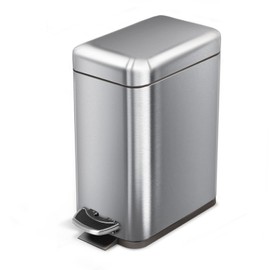 Home Zone Living 1.3 Gallon Small Bathroom Trash Can with Lid and Step Pedal, Stainless Steel Wastebasket with Slim Design for Home and Office, Silver, 5 Liters