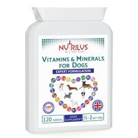 Vitamins and Minerals for Dogs - 120 Chewable Chicken Flavour Tablets - 24 Vitamins, Microelements and Omega 6 - Skin, Fur, Heart, Bones, Brain, Energy