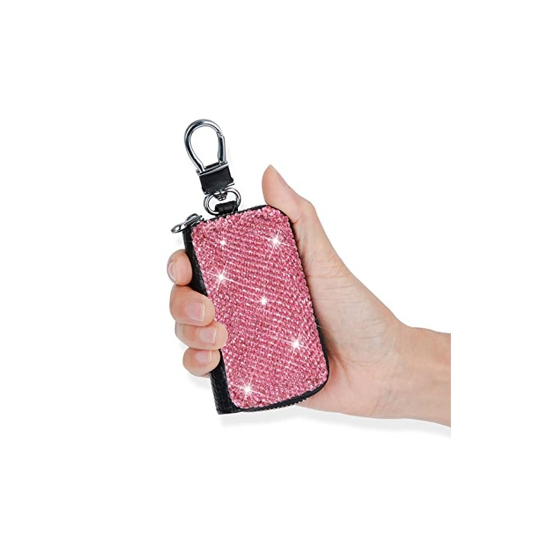 Premium Leather Car Key Chain Case with Rhinestones