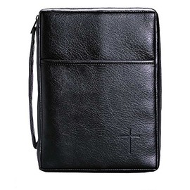 Soft Black Embossed Cross with Front Pocket Leather Look Bible Cover with Handle, Large