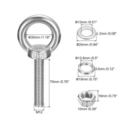 sourcing map Lifting Eye Bolt, 4 Sets M12 x 70mm Eye Bolt with Nut Washer 304 Stainless Steel Shoulder Lifting Ring Eye Bolt for Hanging Item