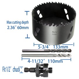 PLG2SUPT 5-1/4” 133mm Inch Carbide Hole Saw Cutter Multi-Purpose Hole Saw Bit for Hardy Plank MDF Air Brick Nail Embedded Wood 2.36” Depth Up to 30X More Cuts