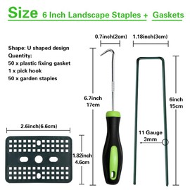 Bakulyor 50 Pcs Green Artificial Turf Stakes Anchor + 50 Pcs Buffer Washer, 6 Inch 11 Gauge Landscape Staples, Galvanized Lawn Spikes, Heavy Duty Yard Ground Pin for Grass Weed Barrier Sod Fabric