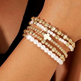 choice of all Gold Bracelets for Women Trendy Beaded Bracelet Non Tarnish Stack Cross Pearl Beaded Stretch Bracelets Jewelry Gifts for Women