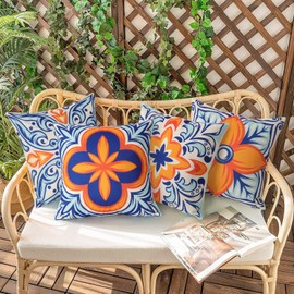 Weldomcor Set of 4 Cushion Cover 45x45 cm Floral Pillowcase Outdoor Throw Cushion Cover Garden Waterproof Square Decorative Pillow Cases for Patio Porch Bench Sofa Indoor Living Room Bed Chair