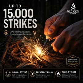 Wild North Goods Fire Starter Kit - Ferro Rod, Striker, Tinder Rope, Bellow & Bag - Survival Gear for Camping, Bushcraft, Hiking & Emergency Use (15,000+ Strikes)