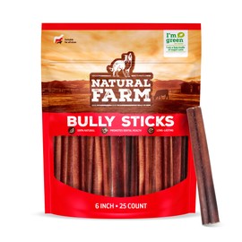 Natural Farm Odor-Free Bully Sticks (6 Inch, 25 Pack), 1.3 lb. Bag, Fully Digestible 100% Beef Pizzle Chews, Grass-Fed, Non-GMO, Grain-Free, Natural Long-Lasting Chews for Small & Large Dogs