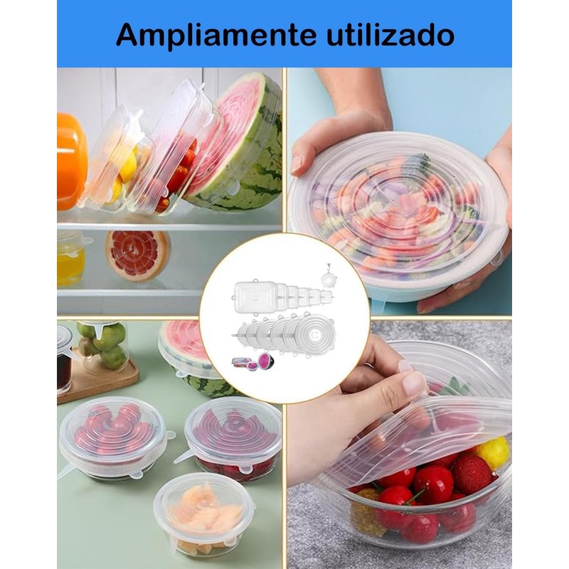 12 Piezas Tapas De Silicona Elásticas Reutilizables, 6 Redondas Y