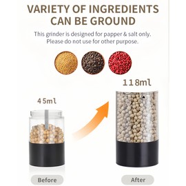 Tyzine 2Pack Electric Salt & Pepper Grinder Set One-Touch Operation Adjustable Coarseness Ceramic Grinding Core USB Rechargeable with LED Light for Kitchen, Restaurant, Outdoor, Black (black+black)