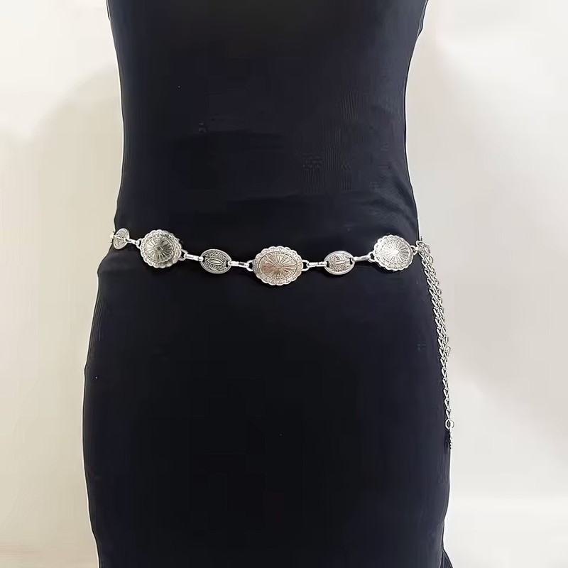 Vintage Oval Carved Metal Waist Chain for Women – Retro