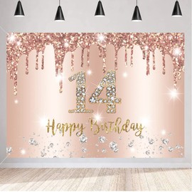 Tecreo 14 Birthday Decoration Happy 14th Birthday Backdrop for Girls 14th Birthday Party Background Glitter Rosegold Party Banner Kids Photo Studio Props