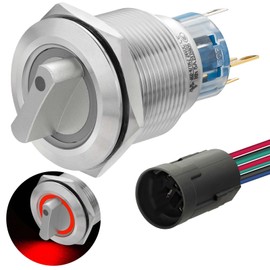 UL Listed 22mm Selector Switches Rotary Switch On Off 2 Positions 12V-24V Light Stainless Steel 304 5Amp Latching 1NO 1NC SPDT with Wire (22mm 2 Positions, Red)