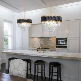 FRIXCHUR 20" Modern Crystal Chandelier 4 Tiers Black and Gold Chandelier Pendant Light 53" Long Chandeliers for Entryway Dining Room Living Room Hallway Foyer E12*7(Exclud Bulbs)