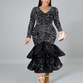 ONTINVA Women Plus Size Sequin Long Sleeves Evening Gown Party Long Maxi Dress Black Glitter Mesh Ruffled Mermaid (Black,2XL,XX-Large)