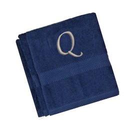 BY LORA Embroidered Terry Cotton Hand Towel for Bathroom and Kitchen - Terry Cotton Hand Towel - 16 x 27 inches - 3-Pack - Navy Color Towel -Light Silver Chancery Style Initial Q