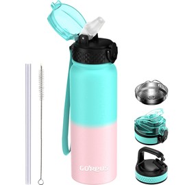 GOPPUS 600ml/20oz Stainless Steel Water Bottle with Straw Insulated Sports Bottle Cold Flask with Straw Double Walled Flip up Metal Water Bottles Leakproof Water Bottle for Gym Sports