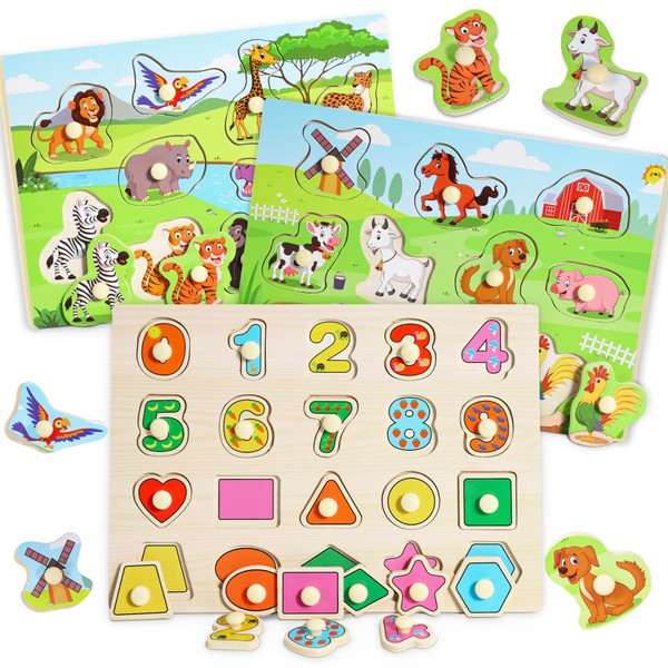 lenbest Set of 3 Wooden Puzzles - Toddler Toy from