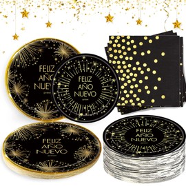 LUCKKYY 150pcs Happy New Year Paper Plates Disposable Dinnerware Set,Black Gold Star Spainish Feliz Ano Nuevo Plates Napkins for 2025 New Years Eve Dinner Decorations and Supplies,Serve 50