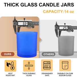 SHOWIN 14 OZ Thick Candle Jars for Making Candles 12 Pcs, 3 Wick Empty Jars with Wood Lids for Candle Making, Sample Container, Frosted Blue