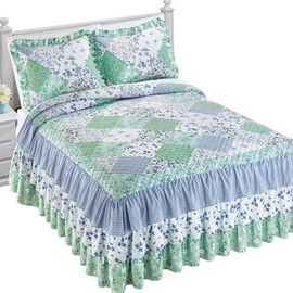 Collections Etc Garden Patchwork Quilt Top Triple Ruffle Bedspread