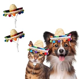 Lumadecor 2 Pack Mexican Sombrero Hats for Dogs Cats, Mini Straw Fiesta Hats, Adjustable Cinco de Mayo Pet Costumes for Carnival, Taco Tuesday, Halloween, Mexican Themed Party Supplie