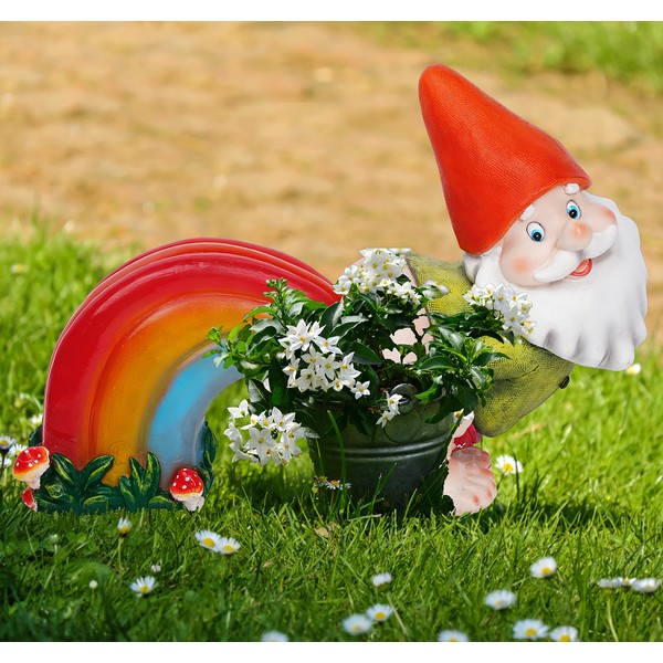 UDDDSR Garden Gnome Statue, Funny Gnome Figurine with Rainbow Solar LED Lights for Garden Patio Yard Art Decoration, Outdoor Lawn Ornaments, Housewarming Funny Garden Gifts - 14"