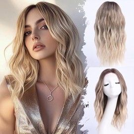 YaissmyLu Medium Length Ombre Blonde Ash Wavy Wigs for Women 18 Inch Middle Part Wavy Blond Wig Natural Looking Dirty Blonde Synthetic Heat Resistant Fiber Dark Roots Wig for Daily Party Use (18 inch)