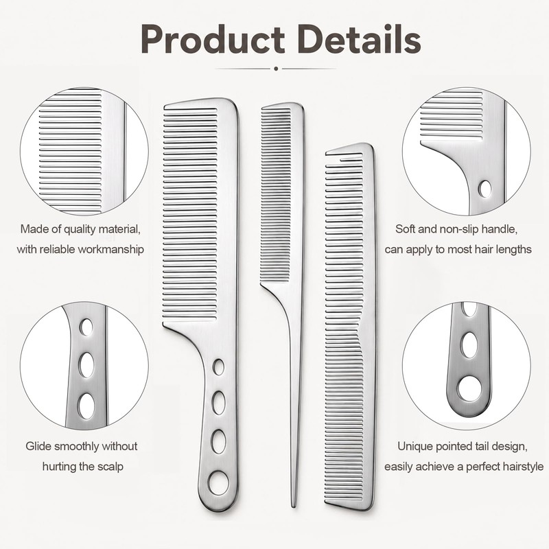Metal Comb Set 3 Stainless Steel Rat Tail Comb 6