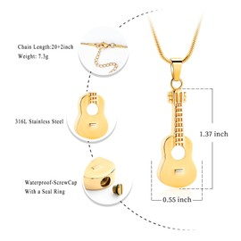 Guitar Urn Necklace for Ashes Cremation Pendants Jewelry Ashes Holder Memorial Urn Necklace Cremation Jewelry for Human with Filling Kits(Gold)