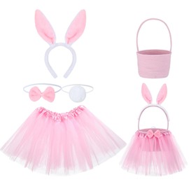 Shyyween Tutu Easter Baskets Easter Costume Ruffled Tulle Fluffy Ears and Bunny Headband Bow Tie Tail Party Favors Gift for Girls DIY Egg Playset Decorations(Pink)