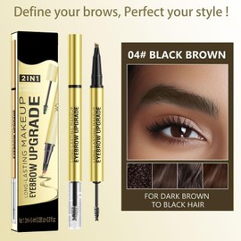Dual-Ended Eyebrow Pencil & Eyebrow Gel, 2 In 1 Eyebrows Pen, 4-Fork Tip Brow Pencil, Long-Lasting Eye Brow Pencils For Natural Looking Defined Eyebrows, Black Brown