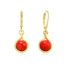 AIBAO Red Coral Earrings for Women Dangling 14K Gold Plated Western Boho Jewelry 925 Sterling Silver Dainty Leverback Tear Drop Earrings