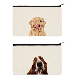 WIRESTER Set Of 2 Canvas Zipper Makeup Bag, Cosmetic Pouch, Organizer Case for Women Girl, Multi-Purpose Travel Cosmetic Bag - Cute Winking Golden Retriever Dog, Cute Basset Hound Dog
