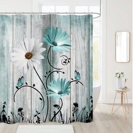Nuseiis Teal and White Daisy Shower Curtains, Watercolor Rustic Floral Waterproof Fabric Wildflower Bathroom Shower Curtain with 12 Hooks, 72 x 72 Inch