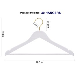 Amber Home 30 Pack Solid Wood Suit Coat Hangers, Smooth White Finish Wooden Dress Hangers with Non Slip Pant Bar, Clothes Hangers with Gold Hook & Notches for Jacket, Pant, Shirt (White+Gold, 30)