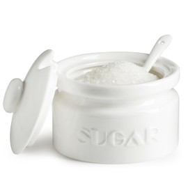 Gomakren White Sugar Bowl, Sugar Container with Lid and Spoon 10oz, Ceramic Sugar Jar for Kitchen, Coffee Bar, Countertop - Modern Farmhouse Kitchen Decor