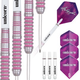 ‎Unicorn Steel Tip Professional Darts Set | Autograph Series Style 1 | 80% Natural Tungsten Barrels with Pink Accents | 28 g