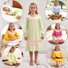 ABALACOCO Cotton Nightgown for Girls Short Long Sleeve Pajamas Dress Princess Kids Toddlers Pretty Lace Loose Sleepwear Dress (12-13 Years, Blue)