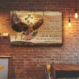 Motivational Bald Eagle Wall Art Christian Flying American Bald Eagle Gift Picture Wall Decor Inspirational Cross Eagle Quotes Painting for Office Bedroom Living Room Artwork Framed 12"x16"