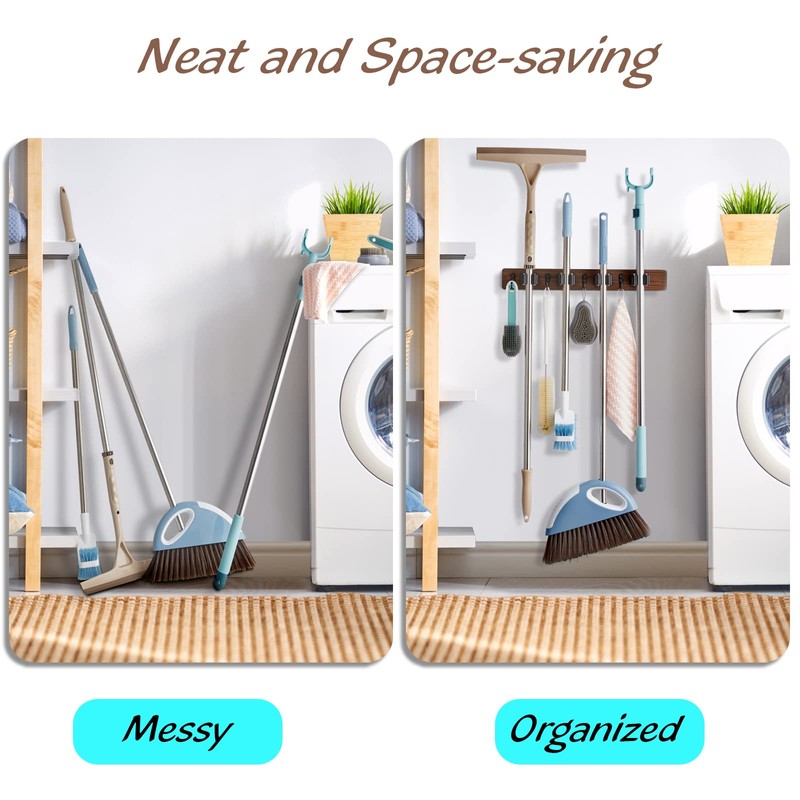 Mop and Broom Holder Wall Mount - Rustic Wood Broom