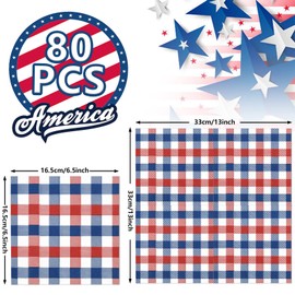 Whaline - Paquete de 80 servilletas patrióticas de 6.5 x 6.5 pulgadas, servilletas de papel a cuadros, color rojo, azul, blanco, 4 de julio, servilletas desechables, servilletas patrióticas de cena para el día de la independencia, suministros de fiesta, 