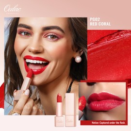 OULAC Moisturising Shine Lipstick Red, Shimmering Lipstick with Shiny Surface, Creamy Texture, Lip Care Lipstick for Moisturising Lips, Vegan (02) Red Coral