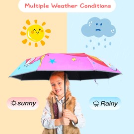 decalsweet Children's Umbrella with Cute Pattern, Children's Umbrella Reflective with Umbrella Cover & Automatic Open-Close, Pocket Umbrella, Windproof, Stormproof for Boys and Girls, Easy to Carry,