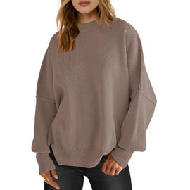 LOGENE Women's Oversized Crewneck Batwing Long Sleeve Side Slit Ribbed Knit Pullover Sweater Tops 2024 Fashion Clothes Light Coffee Medium