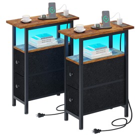 TRIFEBLE End Table Set 2 with Charging Station, Narrow Side Table with 2 Fabric Drawers, Skinny Nightstand with LED Light, Slim Bedside Table for Bedroom, Living Room, Small Spaces, Brown and Black
