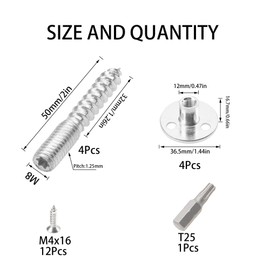 Rrina 4 Sets M8x50 Hanger Bolts Double Headed Self-Tapping Screw with T-Nuts for Wood Joint Furniture Leg Chair Sofa Cabinet