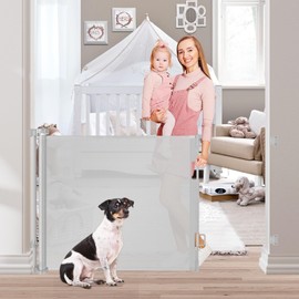 70 Inch Wide Baby Gate Retractable Dog Gate for Stairs Retractable Baby Gate No Bottom Bar Mesh Baby Gate Retractable Fence Outdoor Dog Gate for Deck Mesh Doggy Gates for Inside Doorways, Light Gray