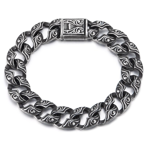 COOLSTEELANDBEYOND Men's Antique Blackened Chain Bracelet with Intricate Swirl Pattern,