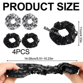 Pack of 4 Disco Sequin Hair Scrunchies Women's Silver Black Elastic Hair Bands Metallic Hair Accessories Retro Hair Scrunchies Glitter for Disco Party Carnival Theme Party Birthday